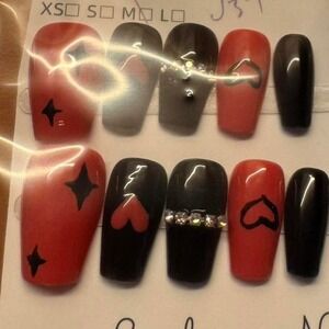 Red and Black Heart Star Press On Nails Coffin Rhinestone Gothic Handmade Small